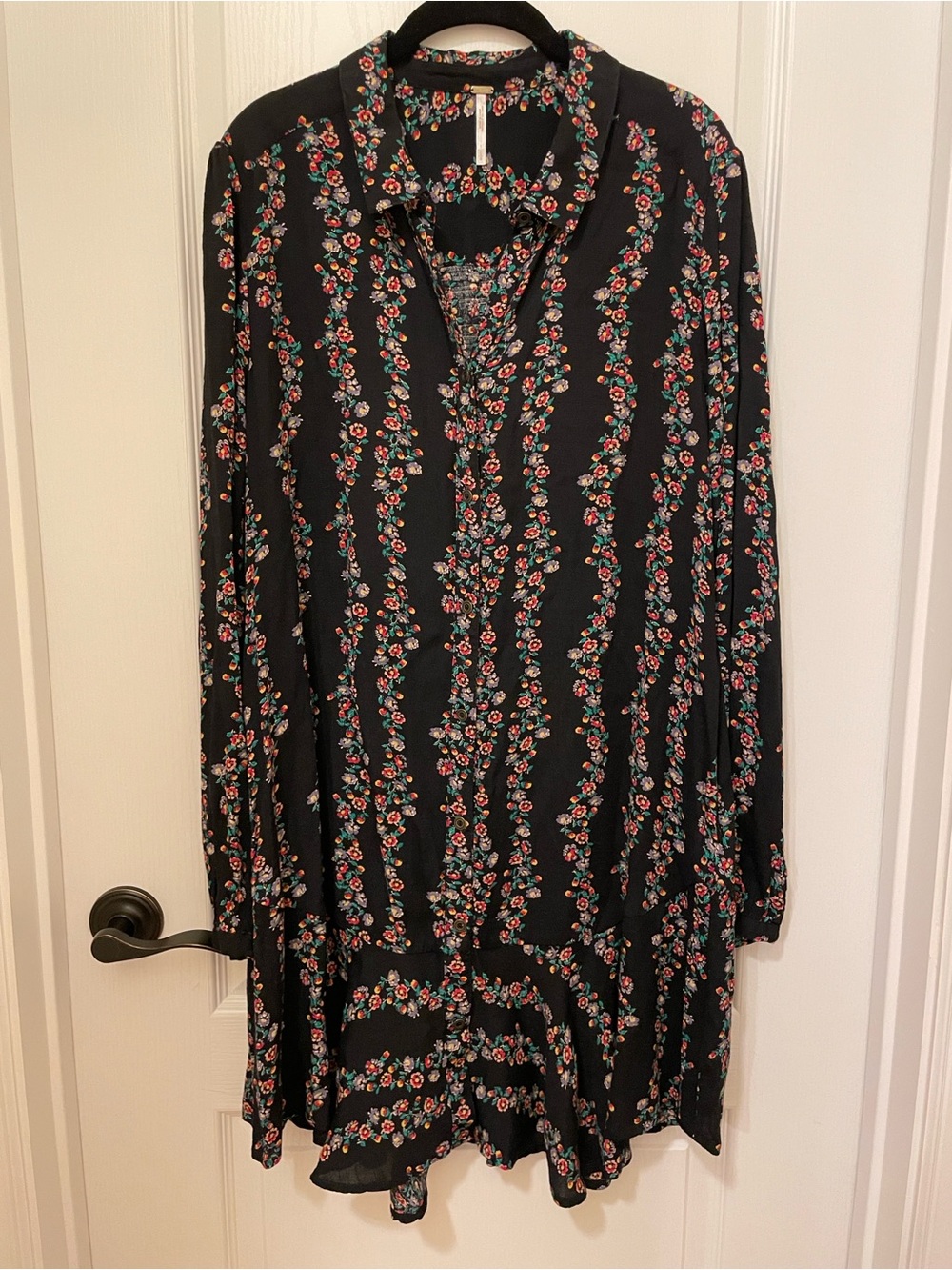 Free People Black Floral Long Sleeve Button-Front Dress